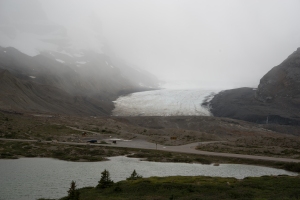The Athabasca Glacier, impressive even in the fog.  Photo credit:  Vladka Lackova-Gat